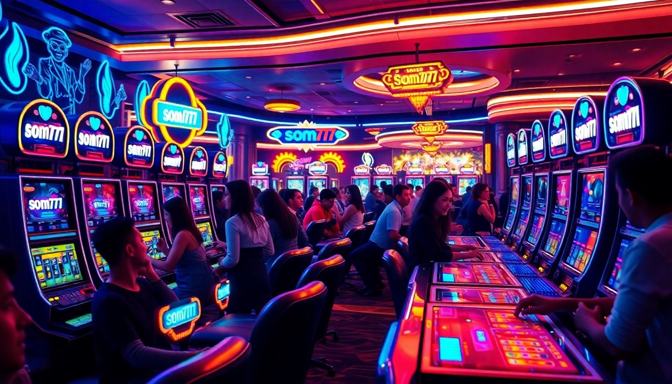 Exciting gaming scene featuring som777 in a vibrant casino setting with players engaged in slot machines.