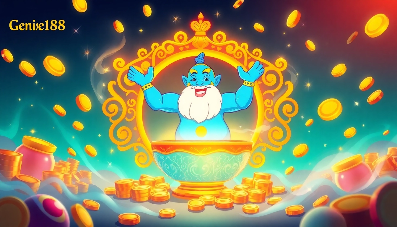 Explore the magical allure of Genie168 with a vibrant genie emerging from a glowing lamp surrounded by coins.