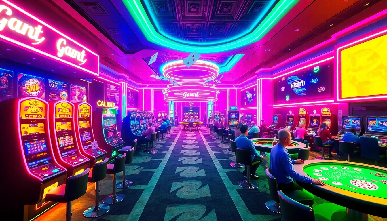 Experience thrilling gaming at lazywin888's futuristic casino, complete with vibrant lights and excited players.