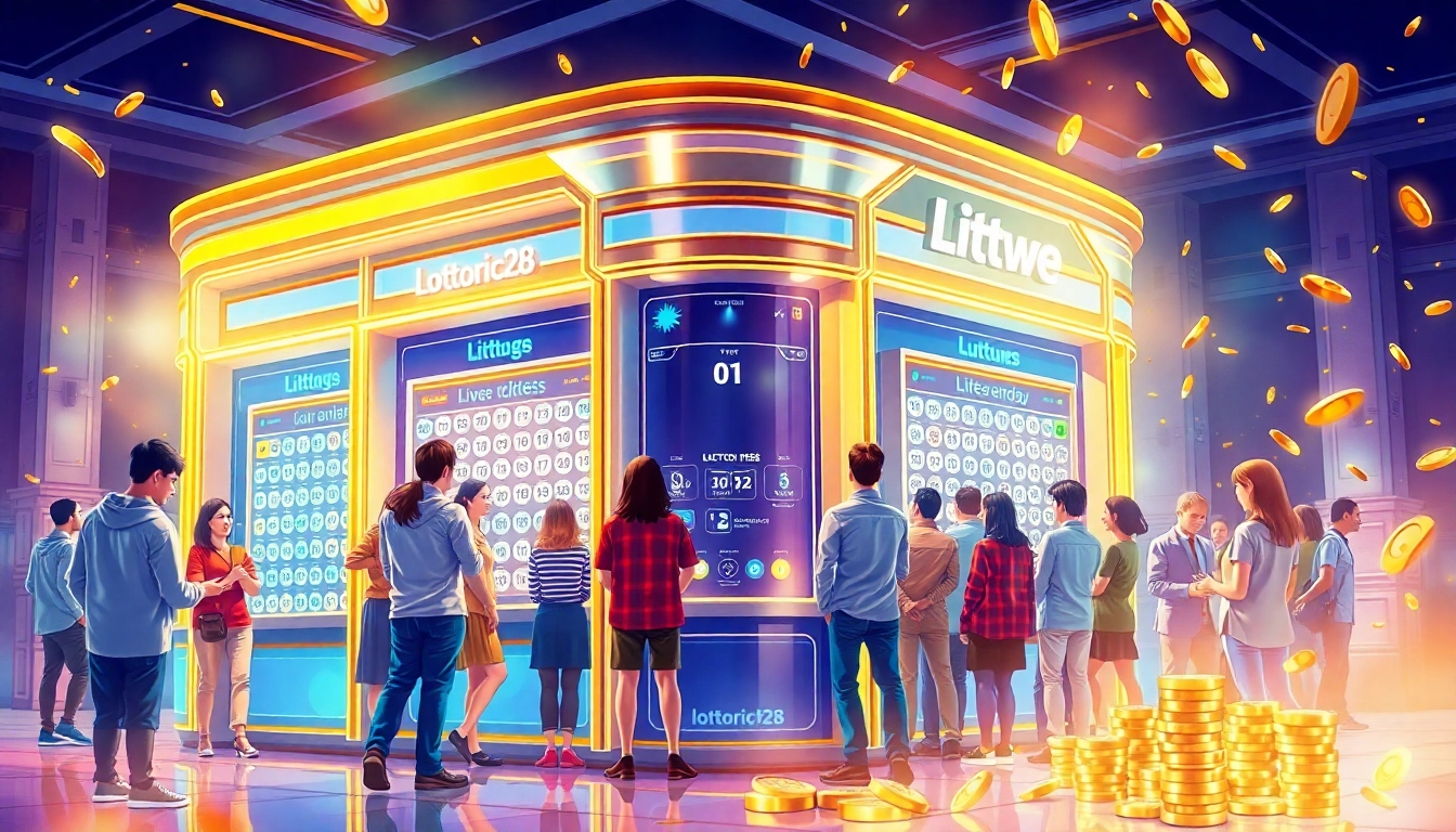 Discover the exciting world of lottorich28 with vibrant visuals of a futuristic lottery kiosk, engaging a diverse crowd.