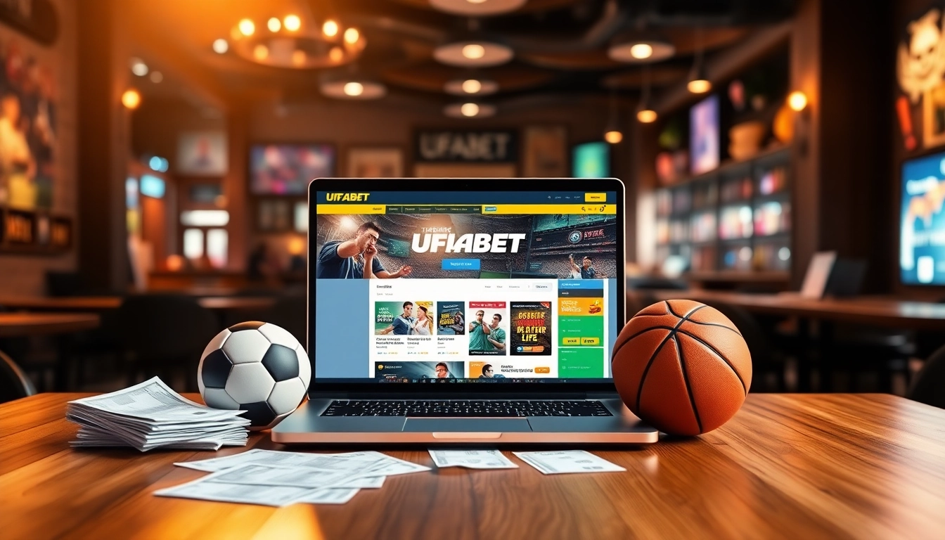 Experience the thrill of online betting with UFABET on a laptop at a sports-themed workspace.