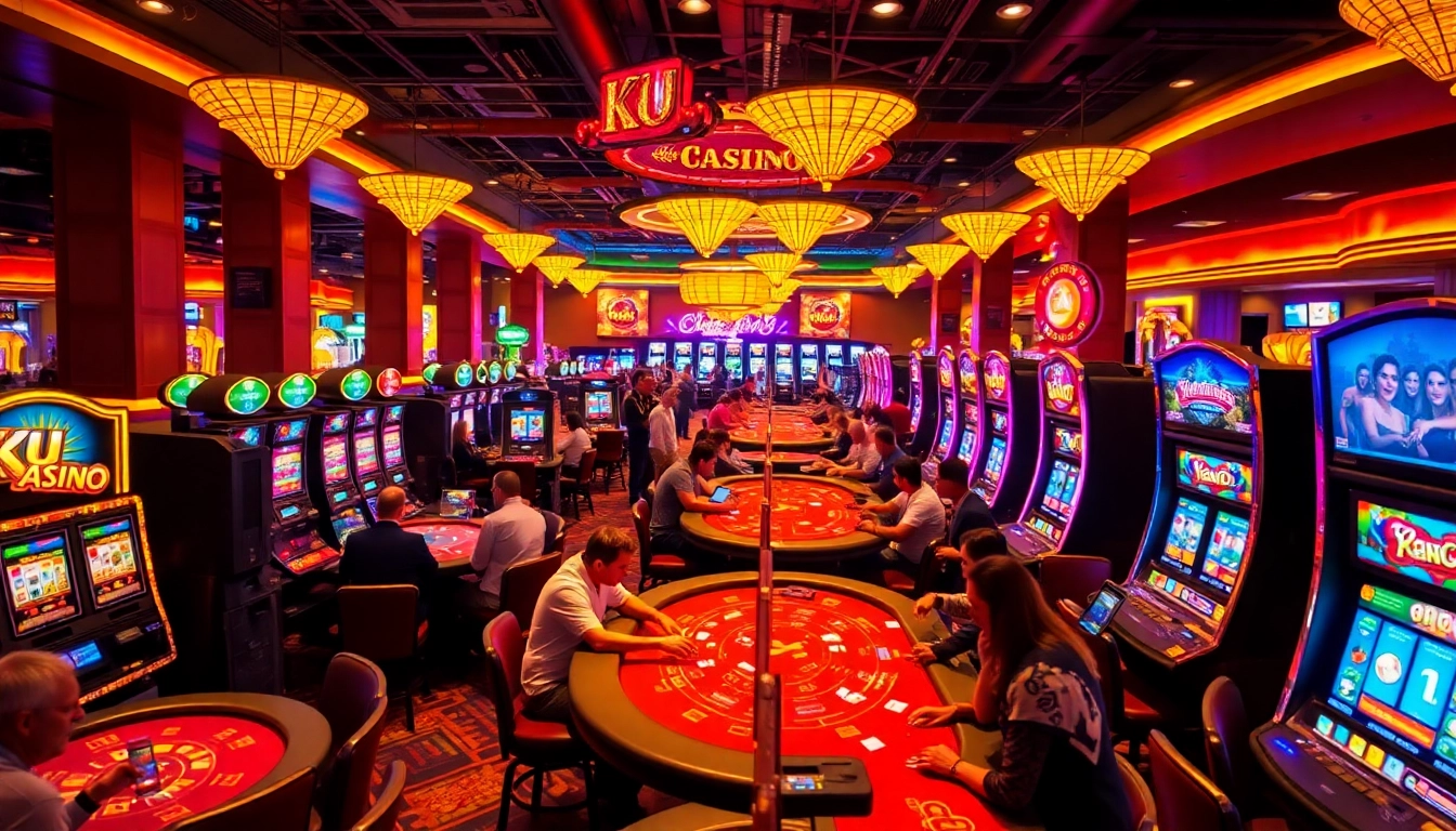 Experience the thrill of the Ku Casino with players enjoying games amid vibrant lights.