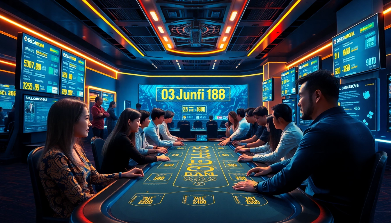 Experience the excitement of jun88's vibrant online casino environment, showcasing diverse players enjoying virtual gaming.