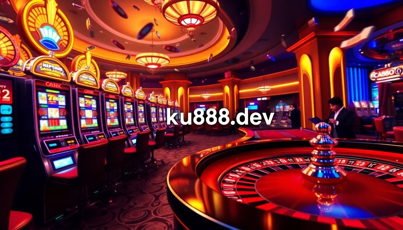 Experience the excitement of gambling at ku888.dev with a vibrant casino scene filled with lively games and opulent lighting.