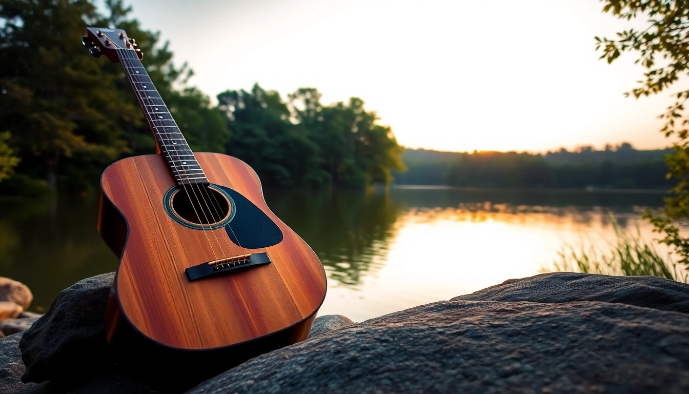 Explore the musical serenity of https://deanmadonia.com/ with a guitar amidst nature's beauty.