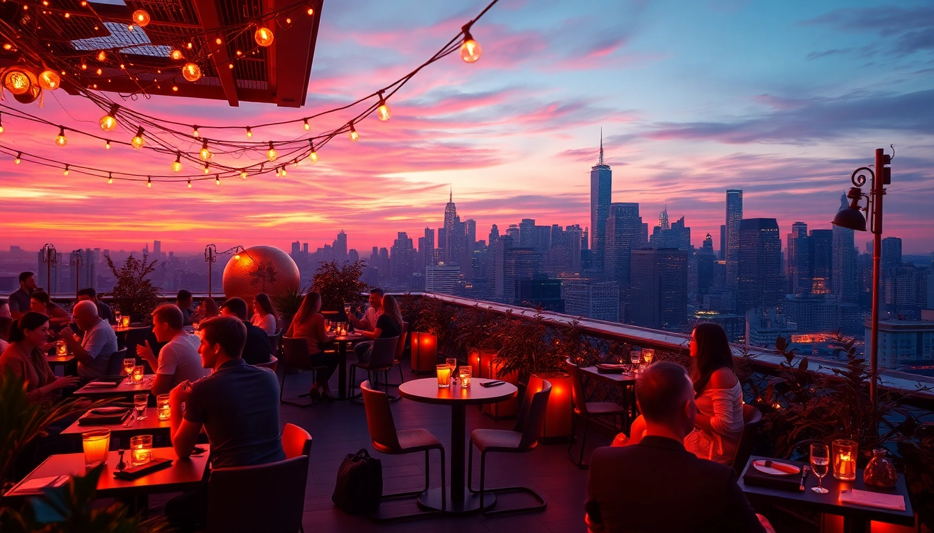 Guests enjoying cocktails at NoHu Rooftop Bar with stunning Manhattan views.