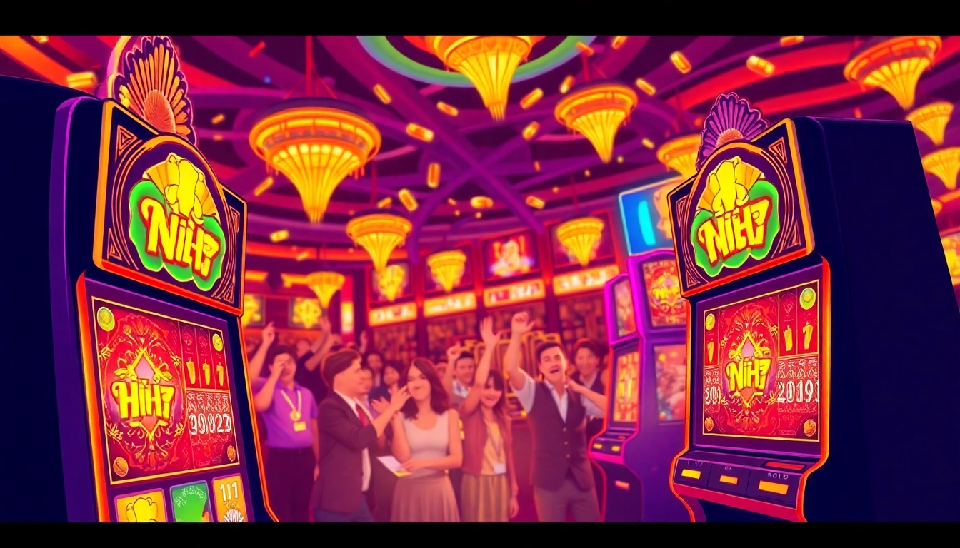 Experience thrilling nổ hũ gameplay with vibrant slot machines and cheering crowds.