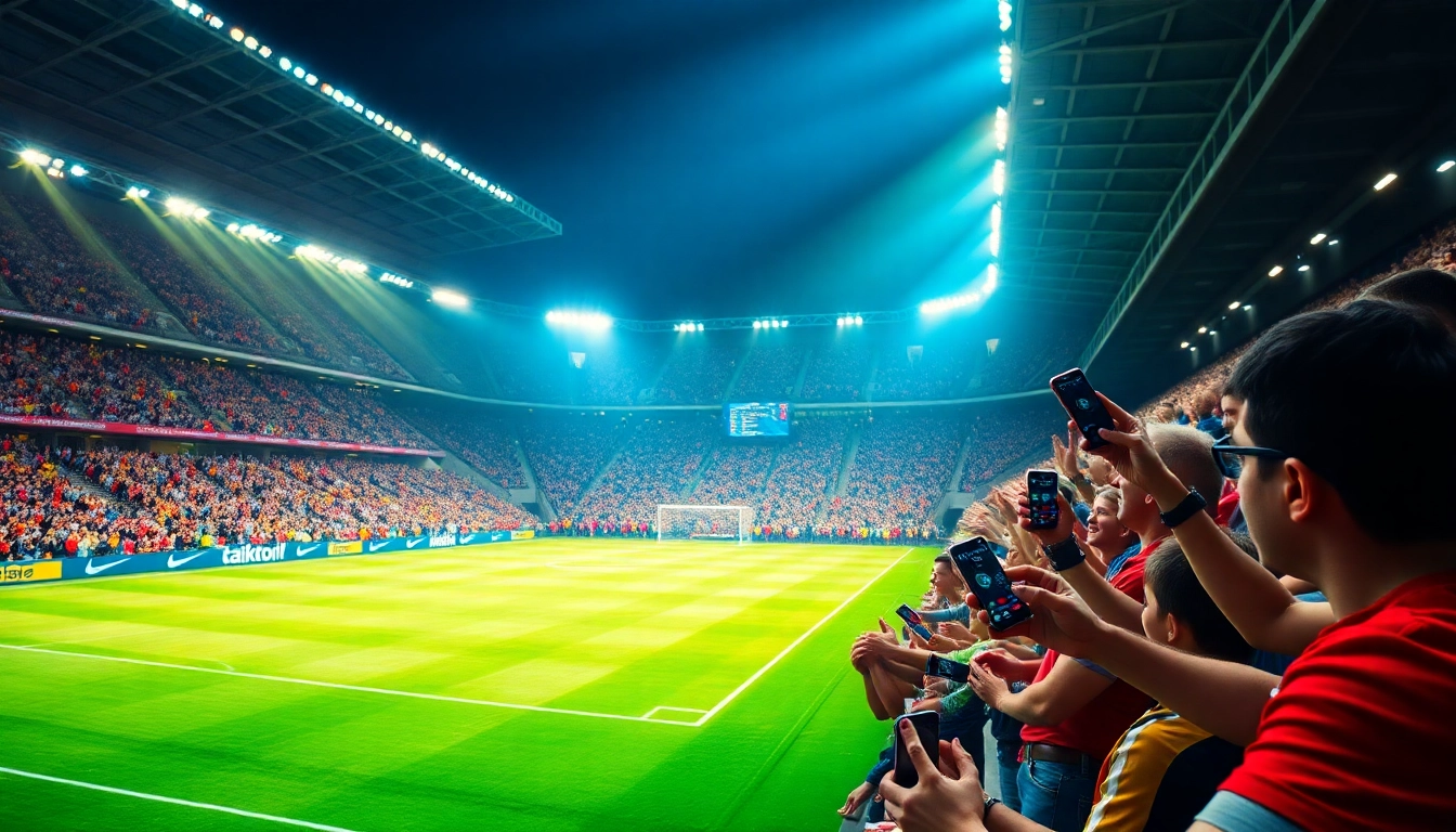 Experience live sports betting excitement at https://taikubet.nl/ with fans cheering in a soccer stadium.