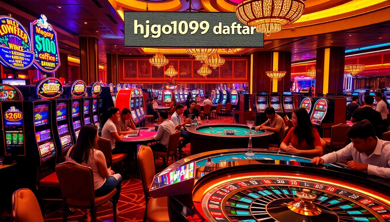 Engaging casino scene with players enjoying games; hgo909 daftar highlighted above tables.