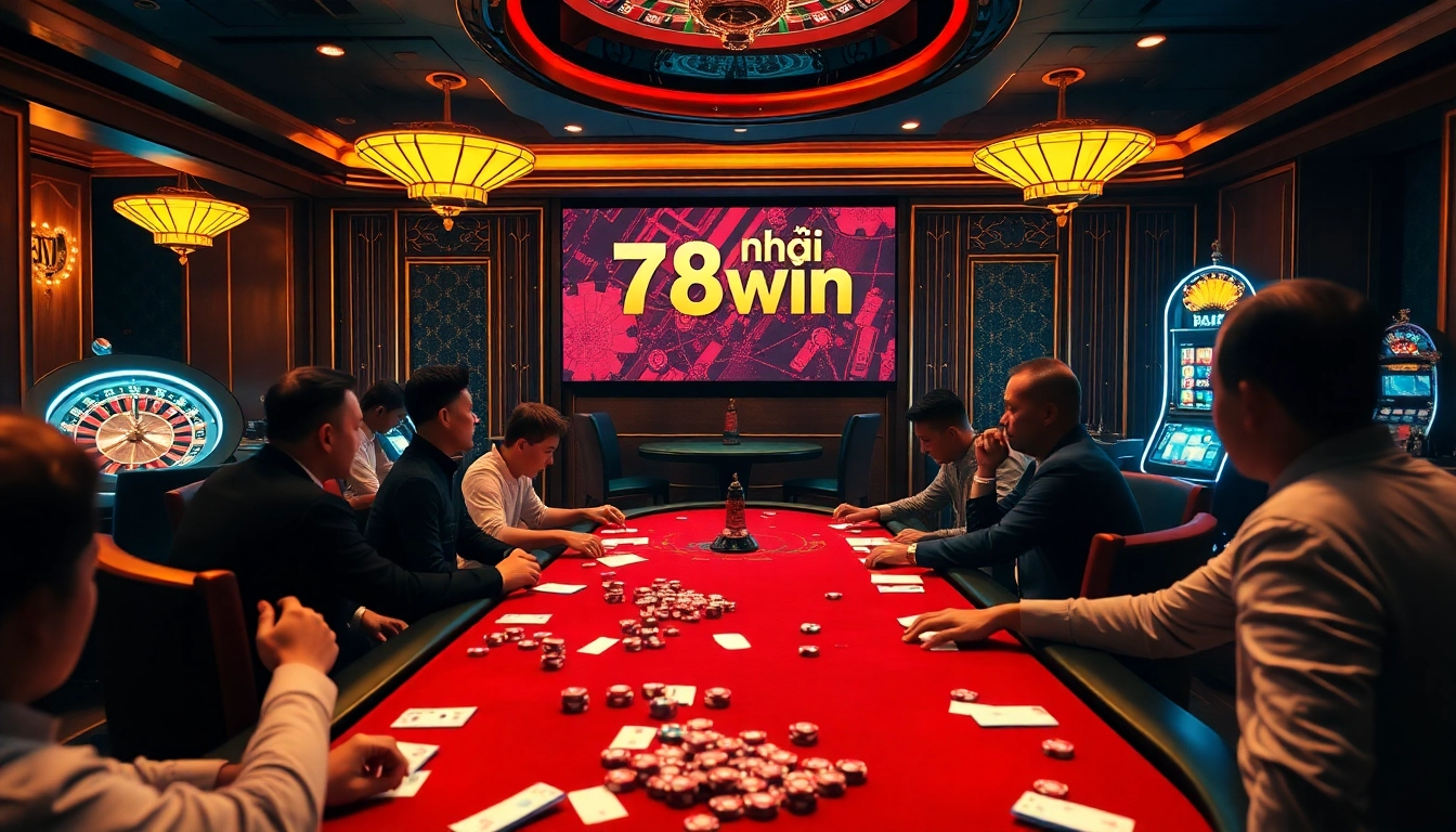 Experience the thrill of nhà cái 78win at an upscale casino, featuring intense poker games and vibrant slot machines.