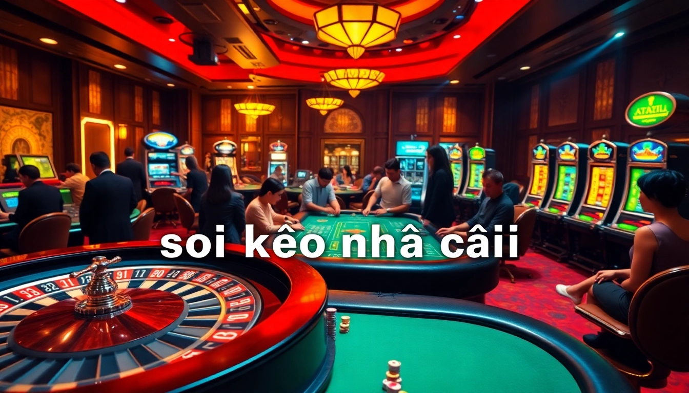 Soi kèo nhà cái surrounded by players enjoying a lively casino atmosphere with roulette and poker games.