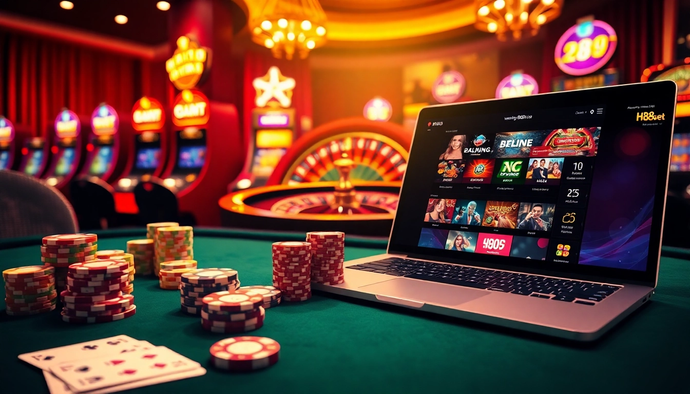 Experience the thrill of online gambling at https://hb88bet.biz/ with vibrant casino tables and flashing slot machines.
