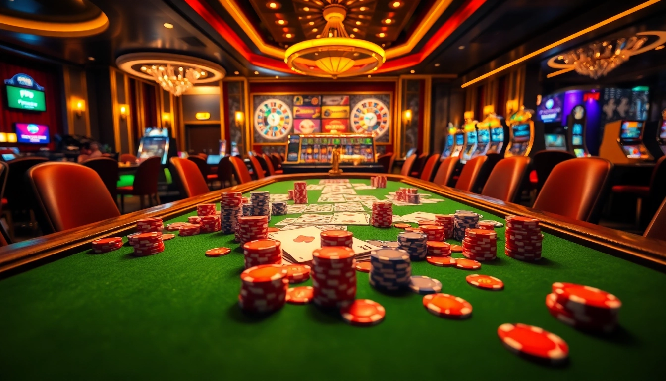 Exciting poker game at the casino featuring https://bj88top.com with vibrant chips and illuminated tables.
