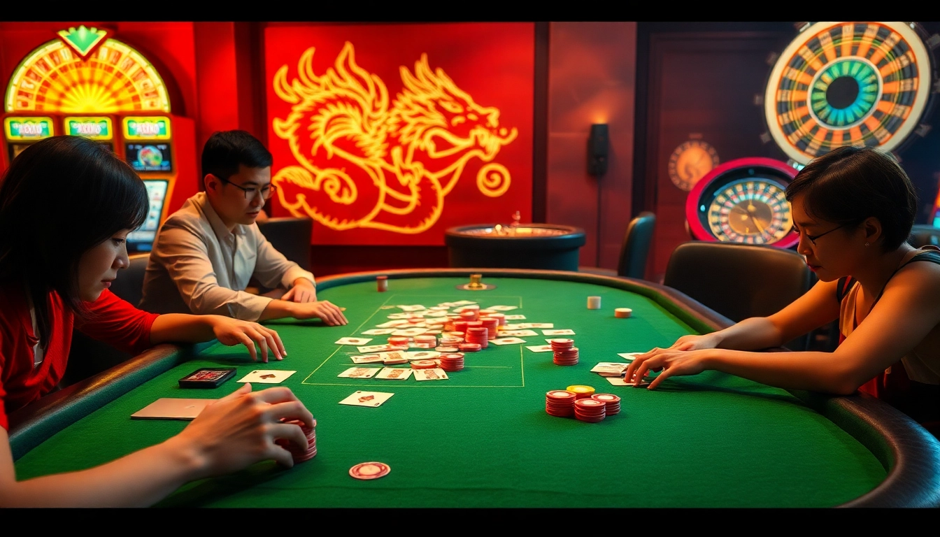 Players engaged in an exciting round of "เสือมังกร" while vibrant casino elements create a thrilling atmosphere.