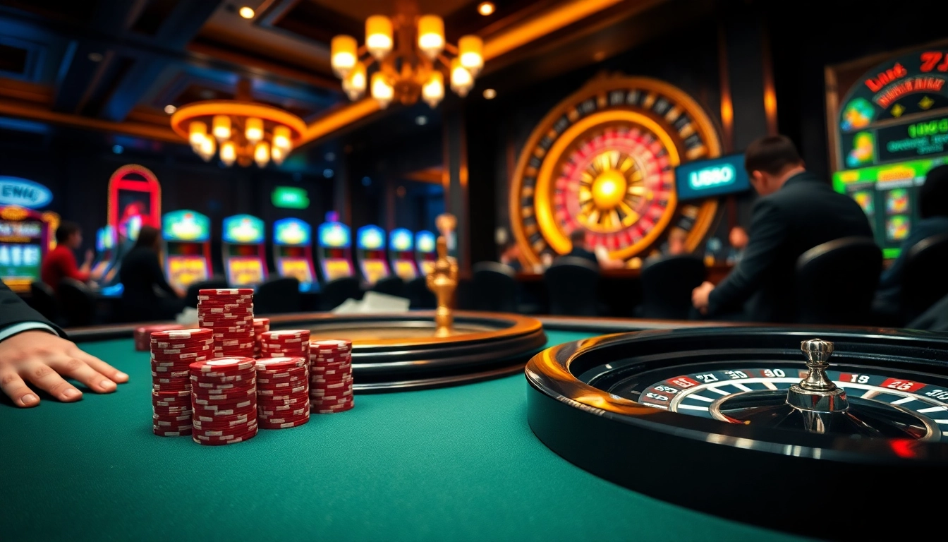 Play exciting poker at U888 casino table, featuring vibrant chips and roulette in an elegant setting.