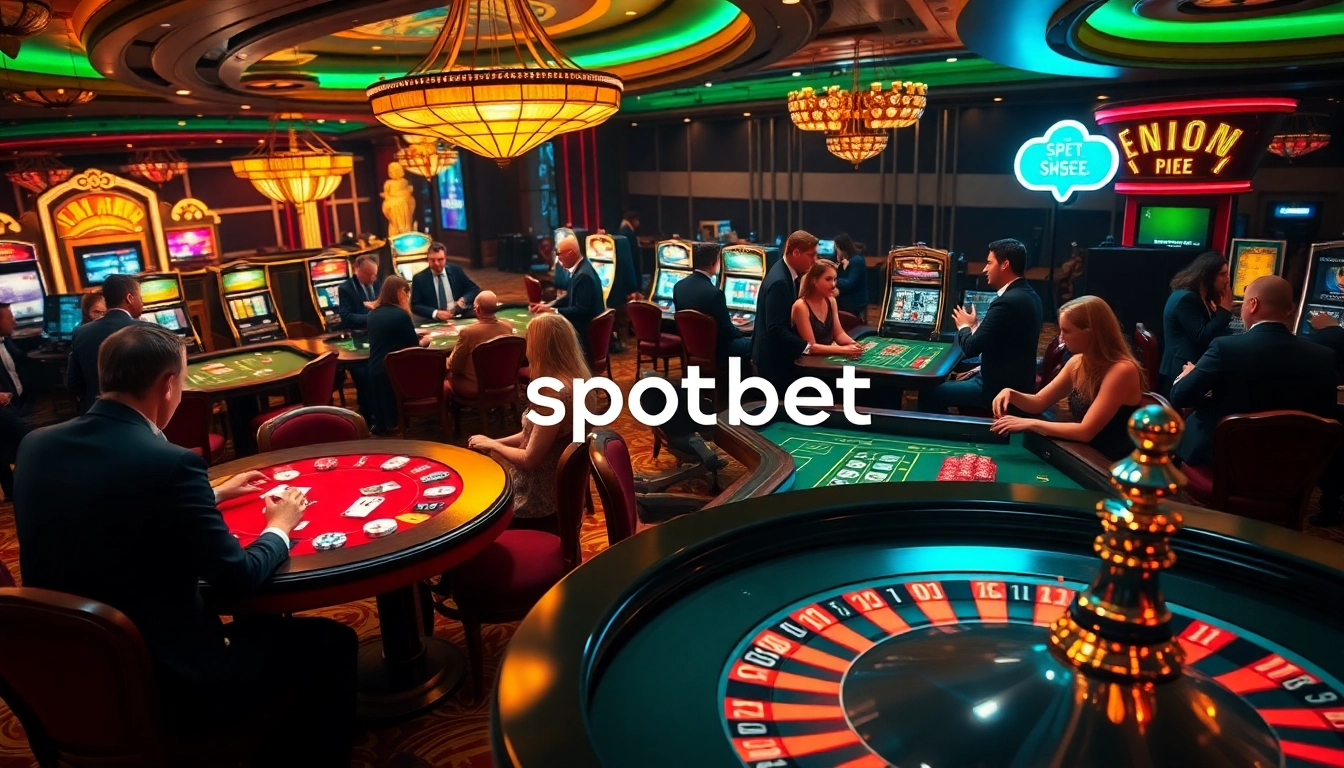 Spotbet enhances excitement with players at a vibrant casino, rolling dice and placing bets.
