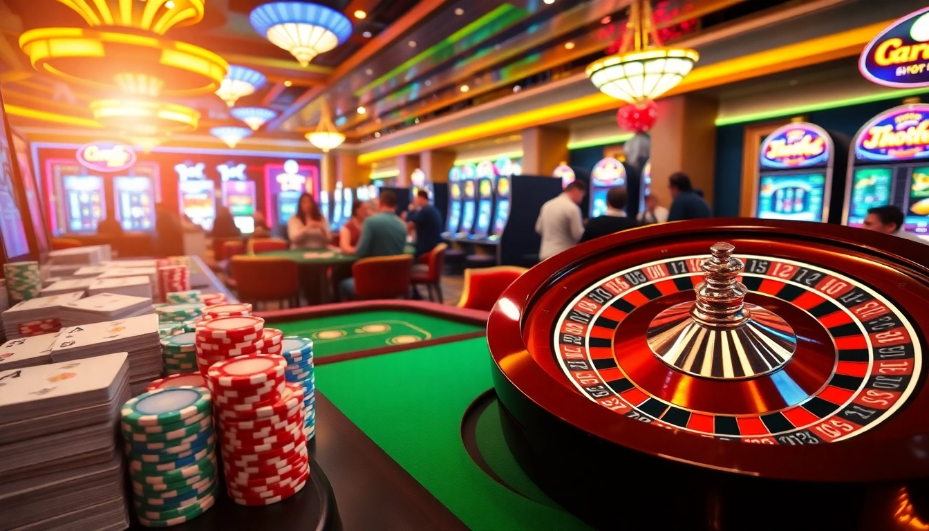 Experience the thrill of keonhacai in a vibrant casino setting with roulette games, poker chips, and lively players.