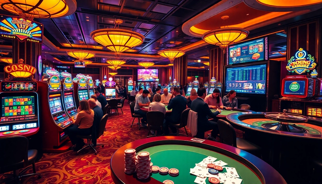 Explore the thrilling atmosphere at https://qh88.adult/ with exciting casino games, vibrant slot machines, and animated players enjoying their bets.