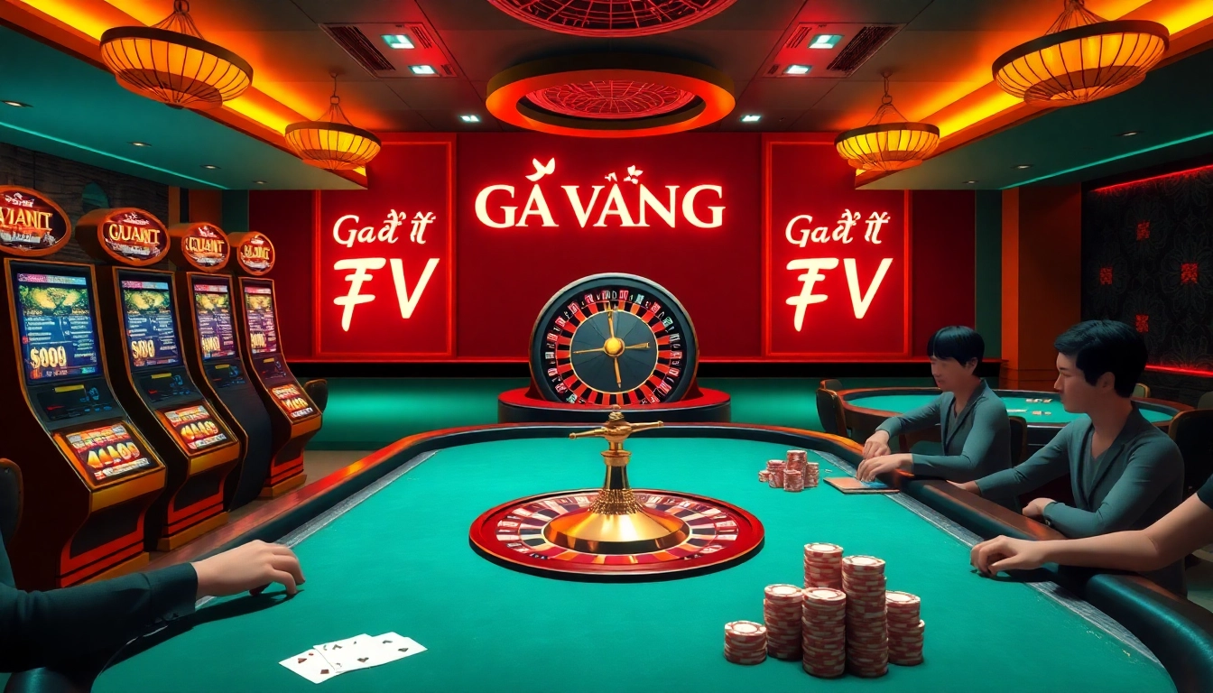Experience the thrill of online gambling with Gà Vàng TV, showcasing vibrant casino settings with slot machines and poker tables.