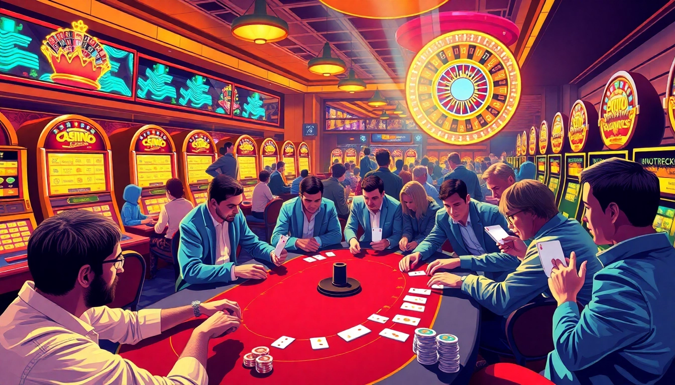 TC Community members enjoy lively poker games amidst vibrant casino scenes featuring roulette wheels and slot machines.
