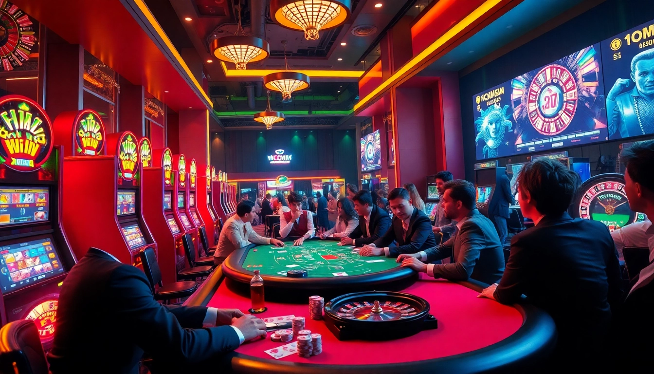 Players engaged in poker while following kèo nhà cái updates, surrounded by vibrant casino décor and slot machines.