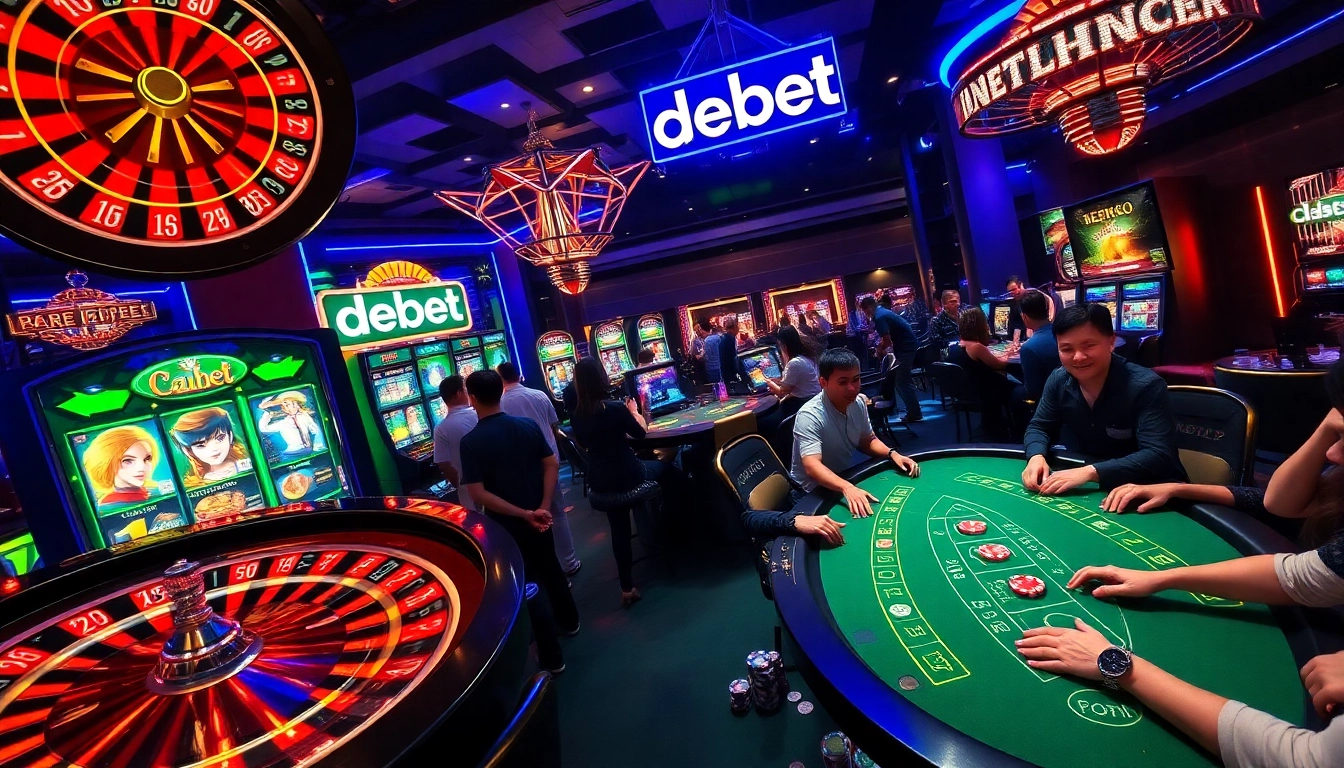 Players celebrate a winning moment at a blackjack table while embracing the excitement of debet in a vibrant casino atmosphere.