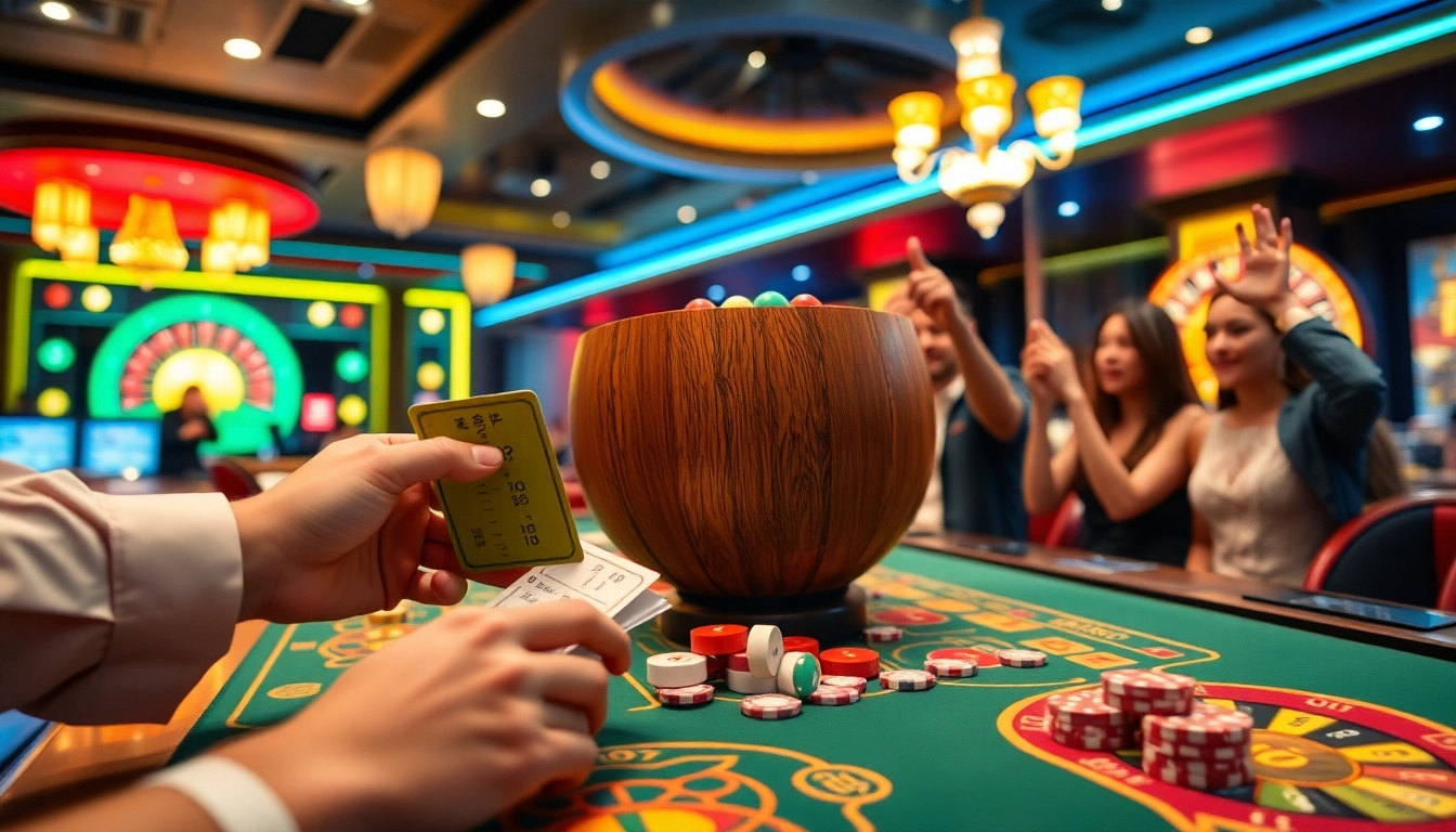 Experience the thrill of xóc đĩa online with colorful betting chips and dice in an engaging casino setting.
