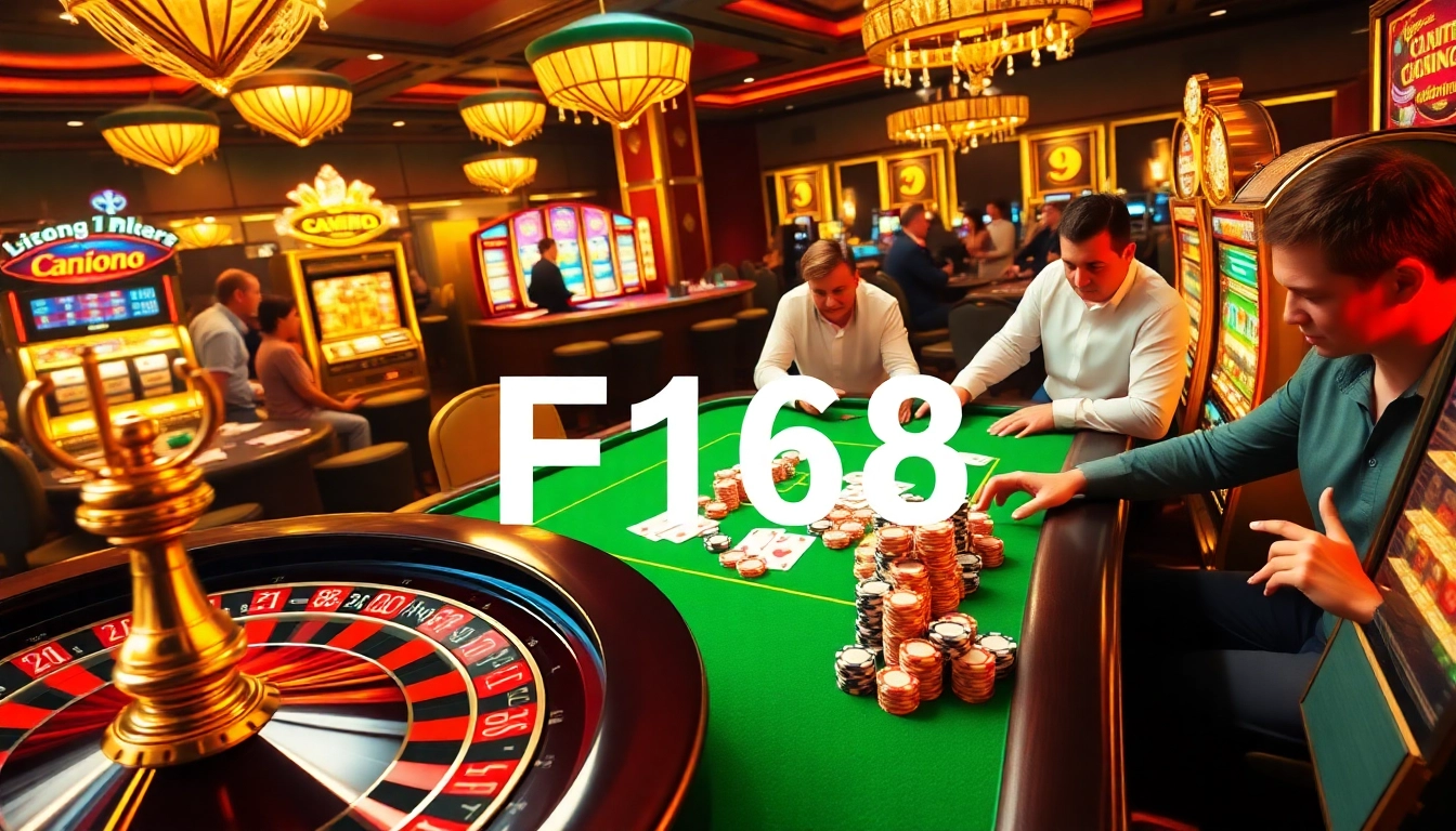 Experience the excitement of F168 casino gaming with vibrant roulette and slot machines in action.