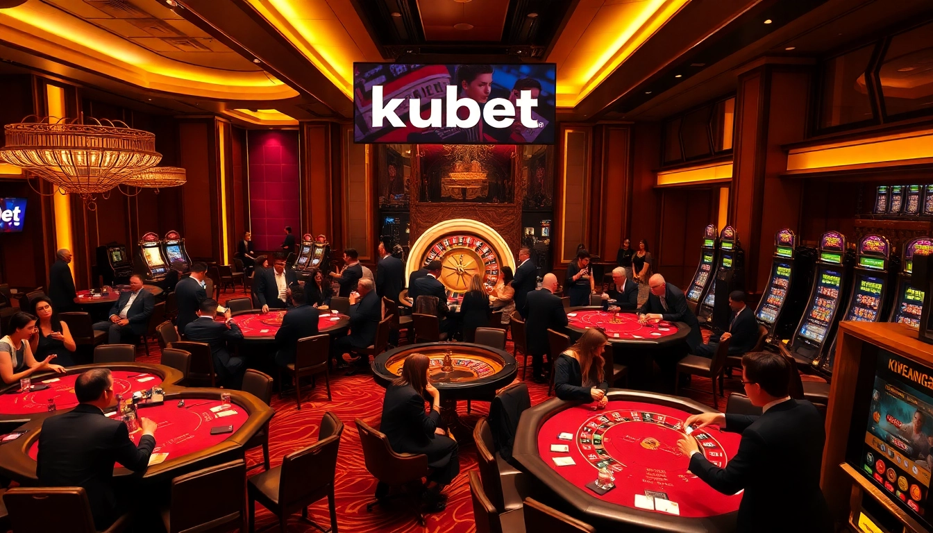 Experience the thrill of kubet as players cheer around poker tables in a luxurious casino atmosphere.