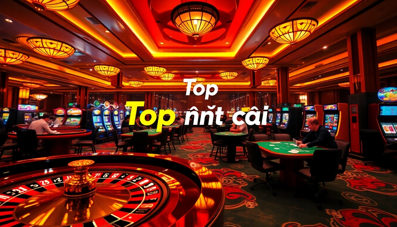 This image showcases a lively casino with players at roulette and poker tables, embodying the Top nhà cái experience in vibrant colors.