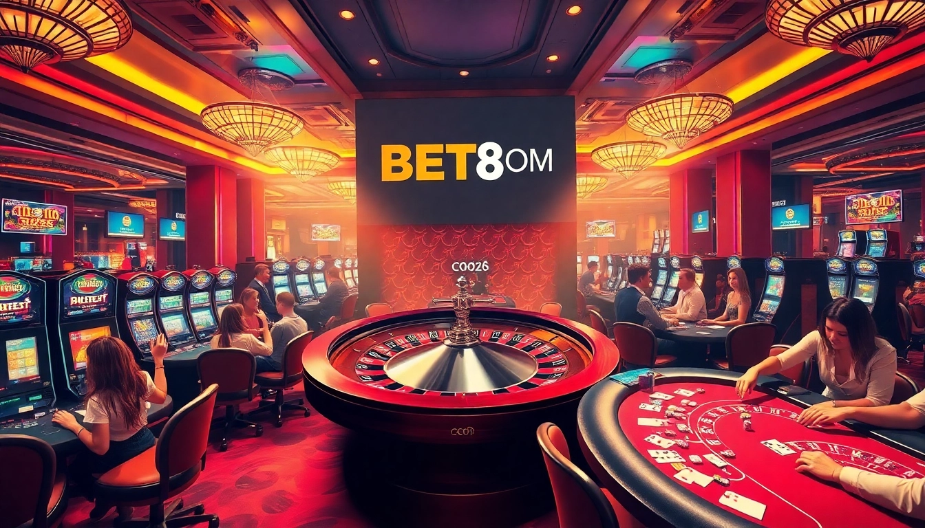 Experience the thrill of gambling with BET88 COM at this vibrant casino scene featuring roulette, slots, and poker activities.