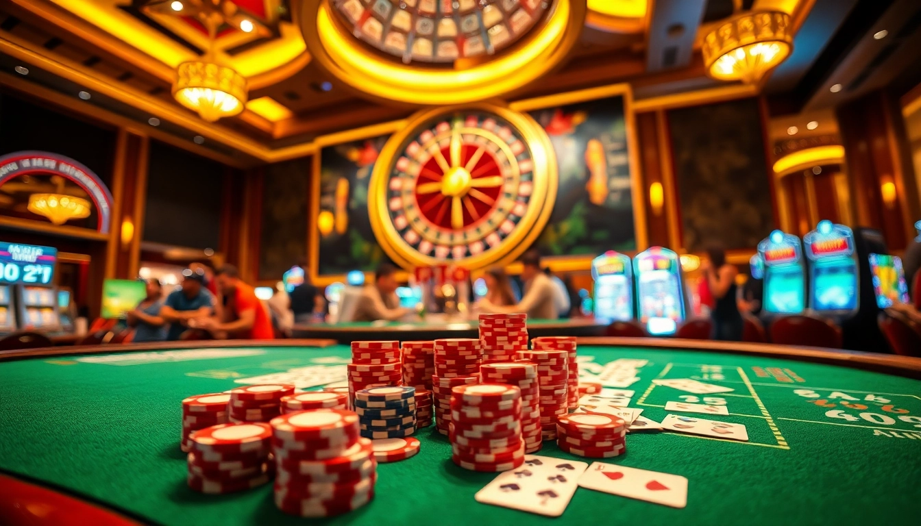 The thrilling casino experience at VU88 with vibrant tables and cheerful players enjoying their favorite games.