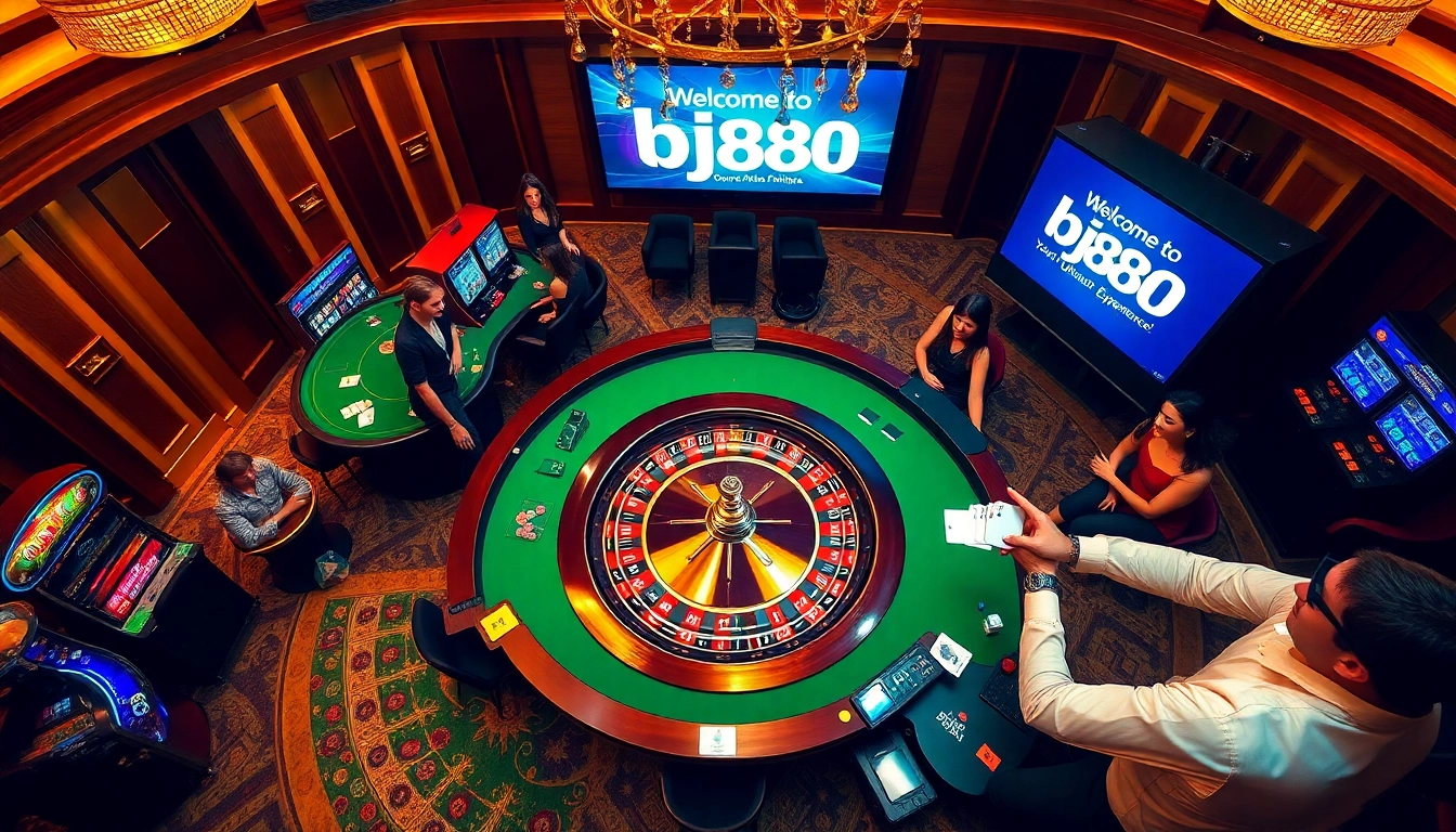 Experience the thrill of gambling at bj888, featuring a vibrant roulette table and excited players.