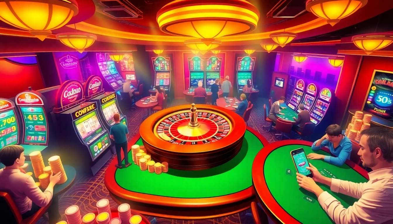 Overload Casino showcases an exhilarating gambling experience with roulette wheels, slot machines, and excited players.