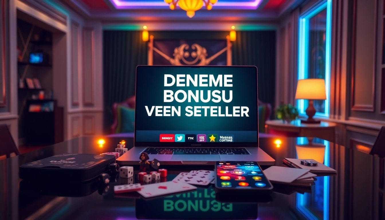 Exciting setup showcasing deneme bonusu veren siteler on a modern laptop amidst gaming accessories.