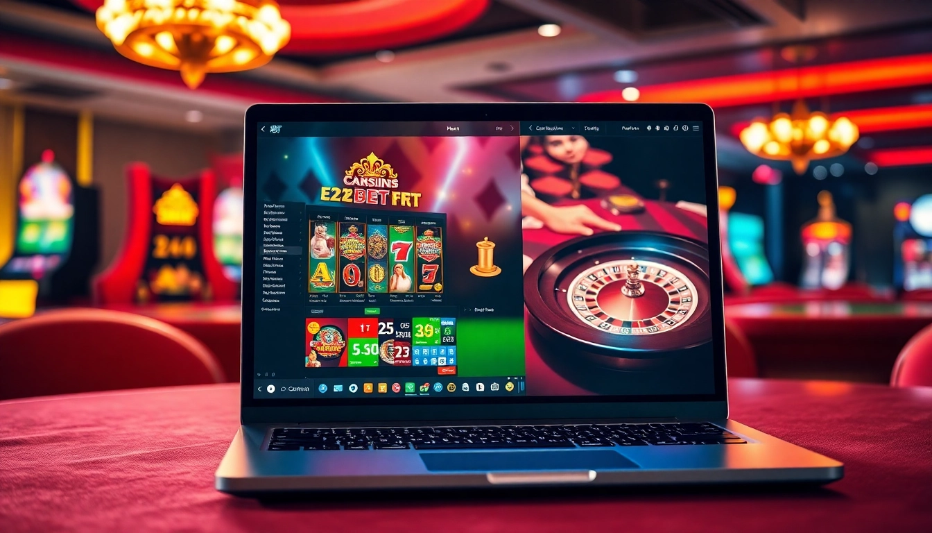 Experience the excitement of E2BET online gambling with dynamic slot machines and poker games in a vibrant casino setting.