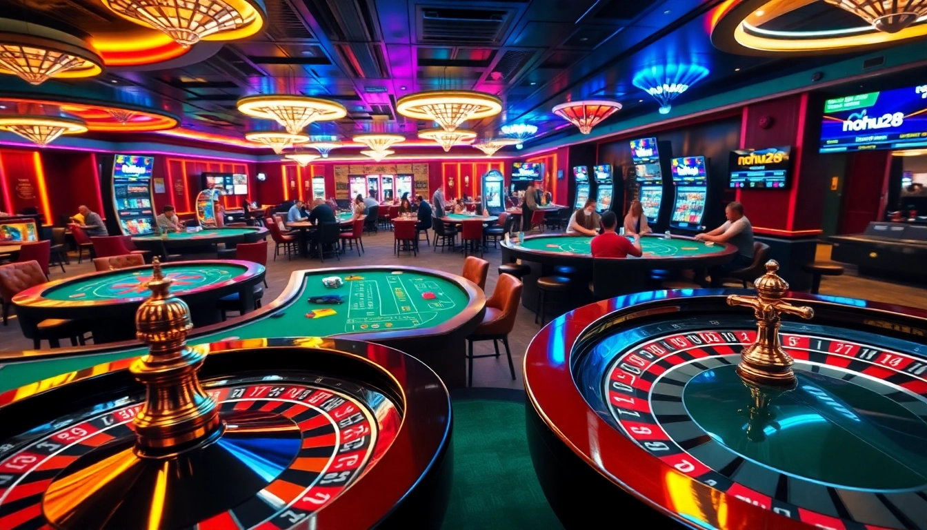 Dive into the thrilling atmosphere of nohu28 online casino, featuring exciting gaming tables and vibrant neon lights.