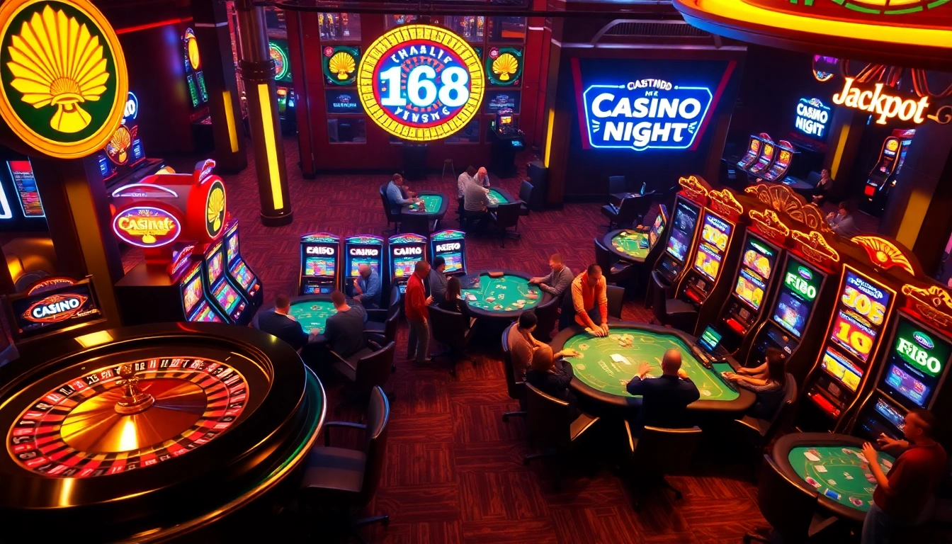 F168 lights up the vibrant casino floor with players at roulette and slot machines.