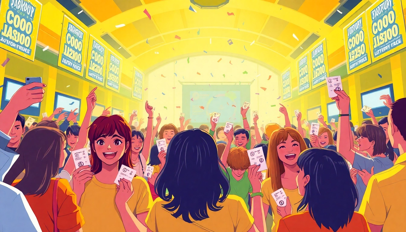 Dynamic scene capturing lottery excitement with players holding tickets, celebrating potential jackpot wins.