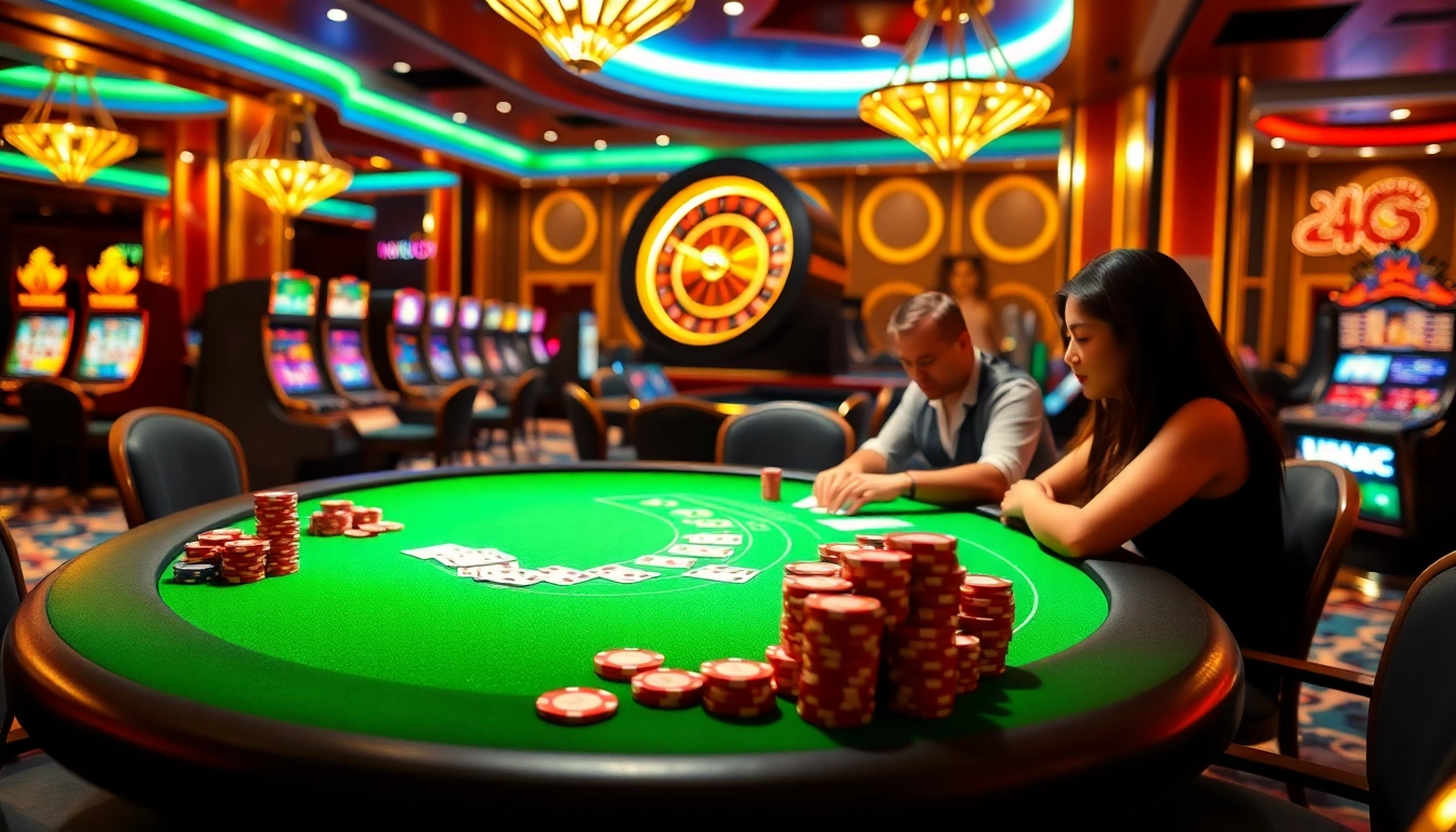 Players enjoying a game of เสือมังกร at a luxurious casino table filled with excitement.