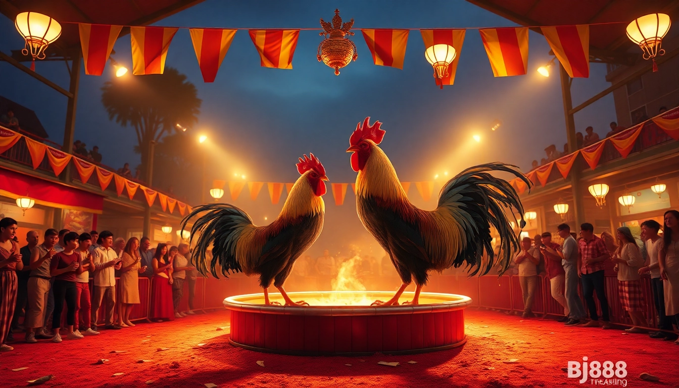 Engage in the thrill of BJ88 đá gà as spectators cheer during an intense cockfight in a vibrant arena.