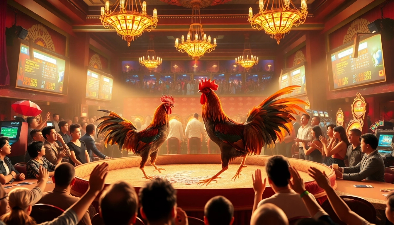 Witness ĐÁ Gà Trực Tiếp action with roosters in a vibrant casino crowd, amidst thrilling betting excitement.