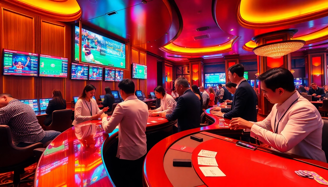 THỂ THAO SUT88 sports betting atmosphere with engaged players and odds displays.