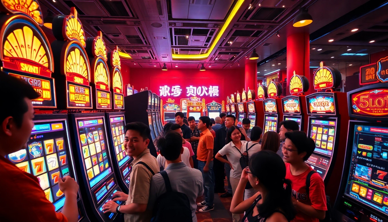 "Excited players at a vibrant online casino surrounded by slot gacor machines highlighting the thrill of winning."