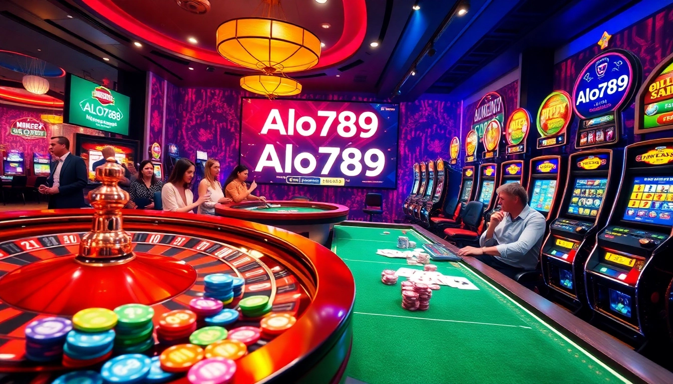 Alo789 ignites excitement as players engage at lively casino tables with poker chips and a roulette wheel.