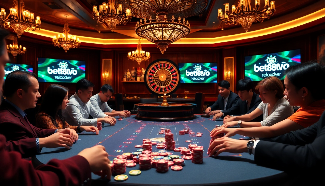 Experience the thrill at bet88vn.locker with players enjoying a vibrant poker game at a luxurious casino.