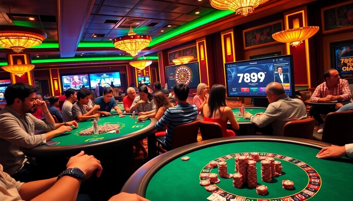 Experience the excitement of 789P with players at poker tables surrounded by slot machines and roulette wheels.
