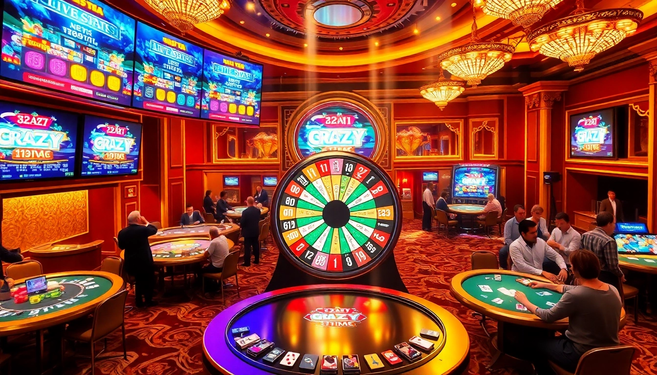 Explore players engaged in the Crazy Time game as they check live stats, showcasing a lively casino atmosphere.