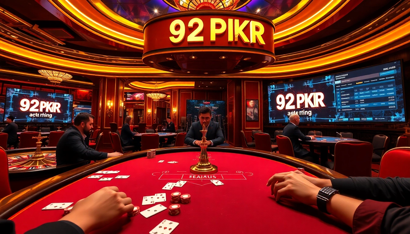 Expertly placing bets at a vibrant casino using 92 PKR chips with illuminated slot machines in the background.