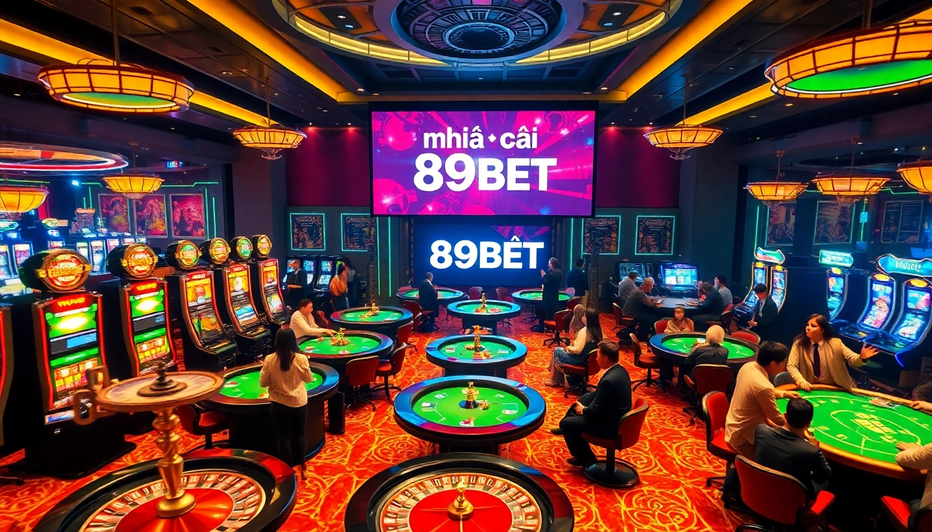 Exciting scene of players engaging in casino games at nhà cái 89BET, showcasing slot machines and poker tables.